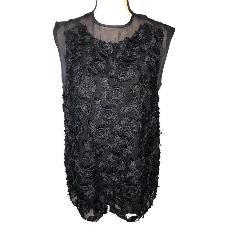 Emin & Paul Black Top Size L Floral Feather Embroidered Sheer Sleeveless Korea